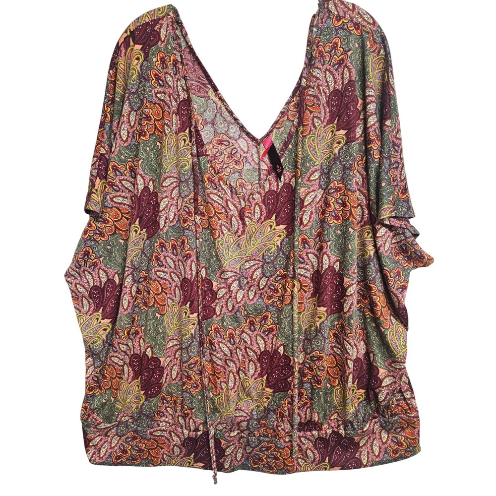 Pure Energy Women Size 4 Paisley V-Neck Dolman Sleeve Blouson Top Burgundy Multi